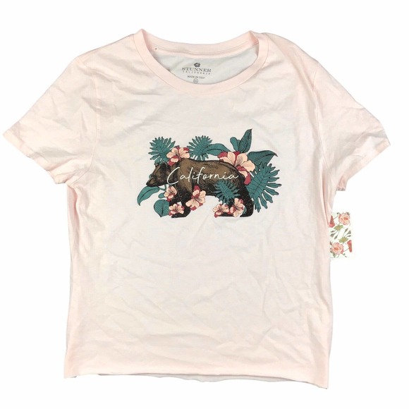 Stunner California Graphic Bear Shirt Cropped Raw Edge Cutoff Crew Pink Size L - Picture 1 of 2